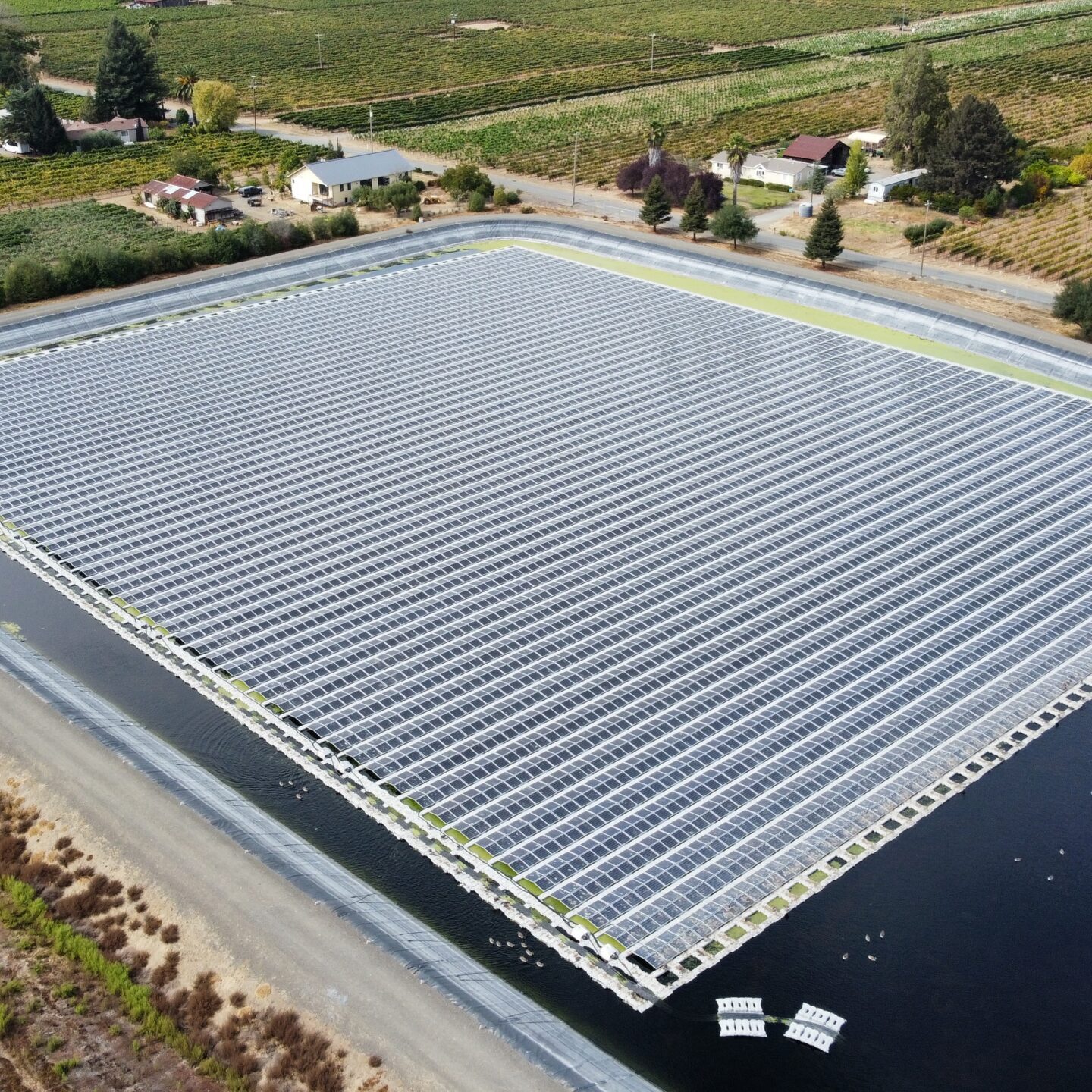 Solar on water The country’s largest floating solar array (4.8 MW) in Healdsburg, CA, designed, engineered, and co-developed by Noria Energy.
