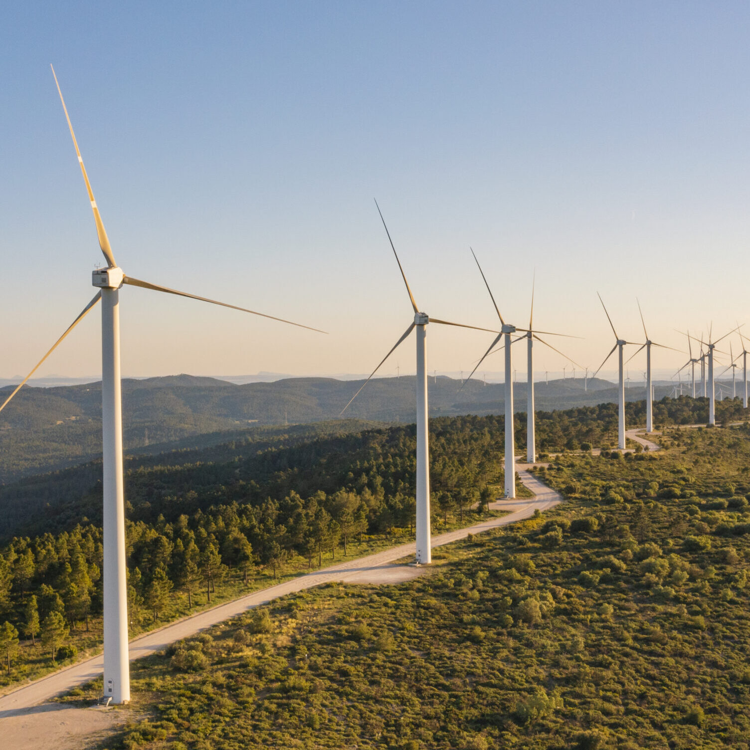 A row of wind turbines in rural Spain towards sunset Wind energy towers